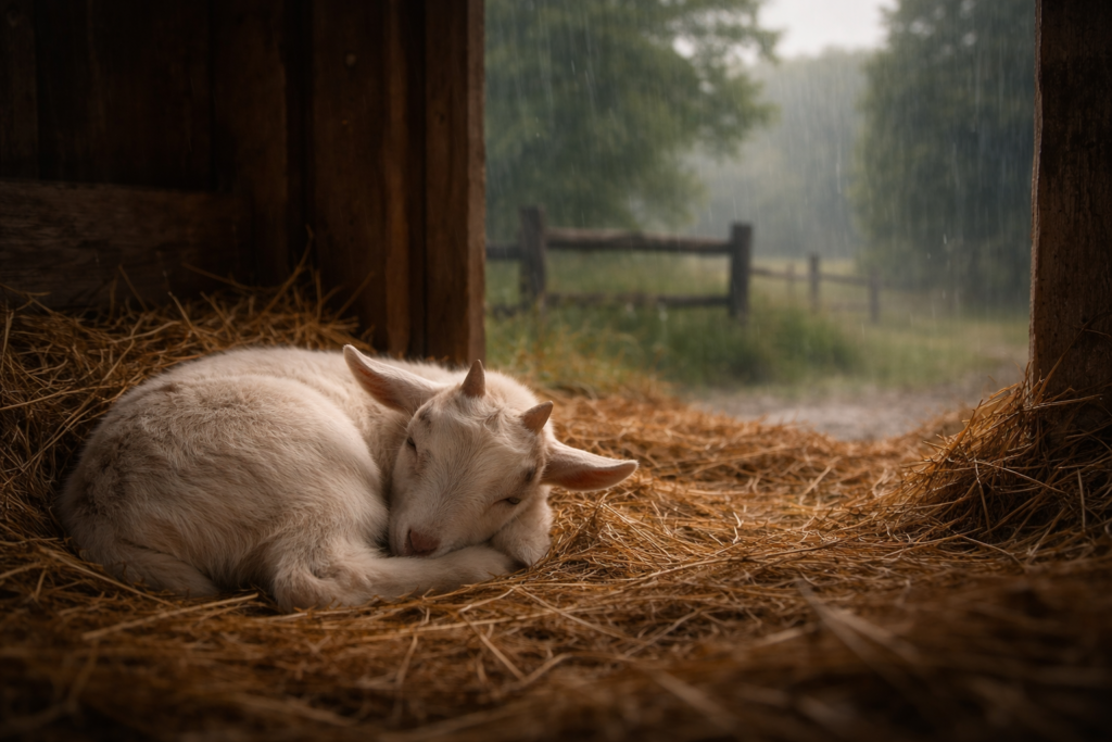baby goat sleeping in the hay in the barn while it is raining outside